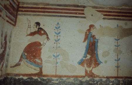 Figure 10 - 'dancing women', detail of the right wall of the Tomba dei Giocolieri, Tarquinia, Brown University Archive