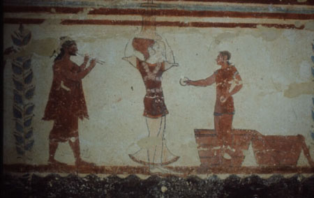 Figure 11 - 'the juggler', detail of the rear wall of the Tomba dei Giocolieri, Tarquinia, Brown University Archive