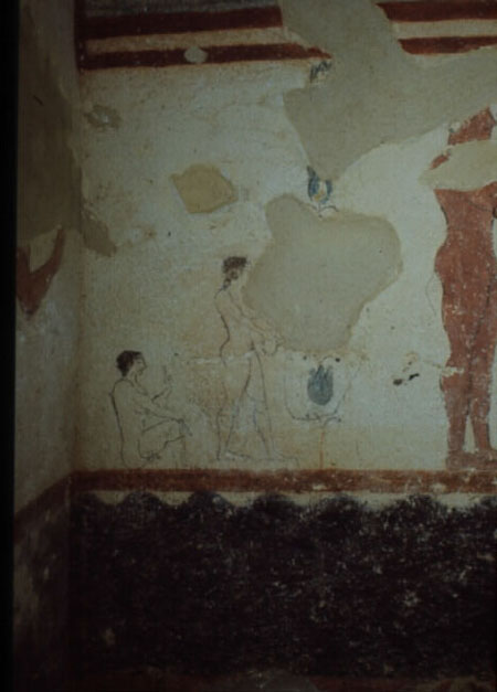 Figure 6 - 'the outline figures', detail of the rear wall of the Tomba dei Giocolieri, Tarquinia, Brown University Archive