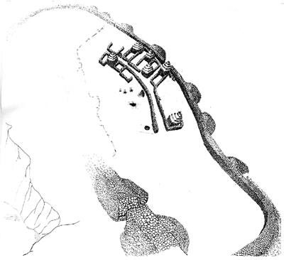 Fig. 1. Ustica, the Middle Bronze Age Citadel. State of excavations at the end of the campaign of 1994. Reconstructed view by Alice S. Walsh.